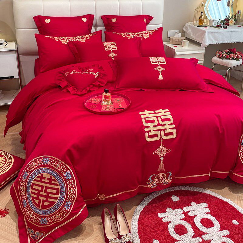 中式大红色龙凤婚庆四件套全棉被套结婚陪嫁送礼床上用品