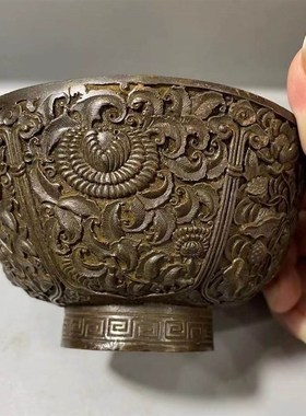 古玩铜器收藏仿古做旧宣德年制百子铜碗老物件家居茶道工艺摆件