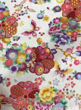 日式和风烫金布(蝶舞花飞)和风印花棉布旗袍汉服演出服面料