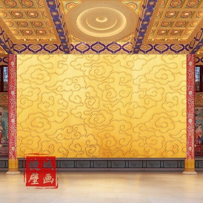 金色祥云墙纸中式立体电视背景壁画酒店大堂寺庙佛堂壁纸神台墙布