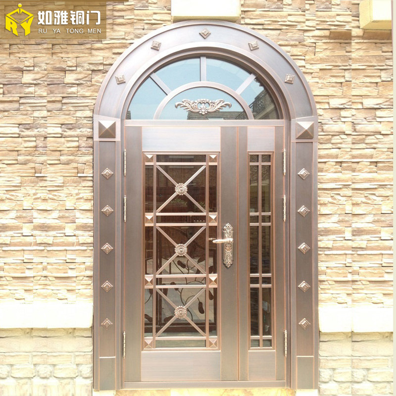 别墅铜门玻璃门进户子母门入户圆弧门定制自建房紫铜大门家用门