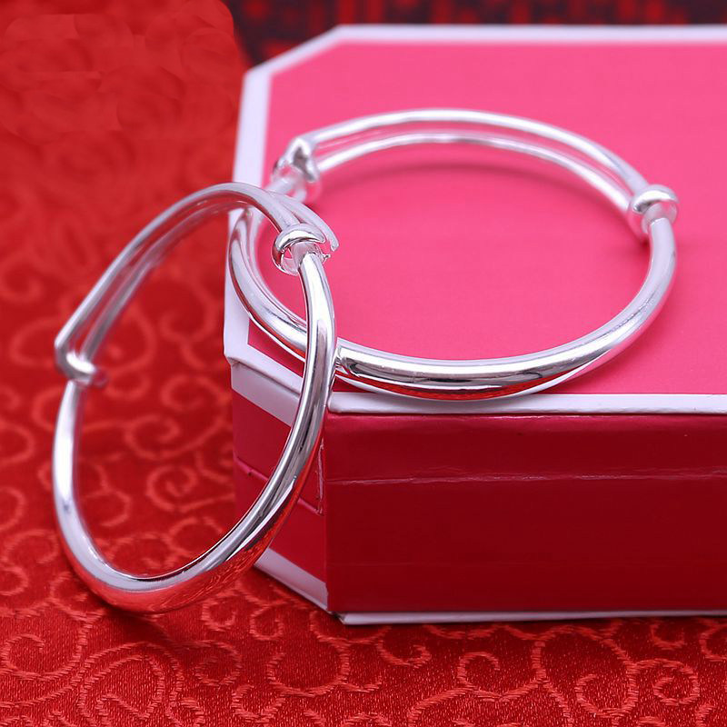 999纯银光面推拉宝宝手镯女亲子款镯子送宝宝婴儿中童周岁满月礼