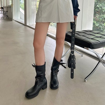 不二橘 马丁靴女英伦风圆头粗跟中筒褶皱堆堆靴S机车靴美拉德短靴