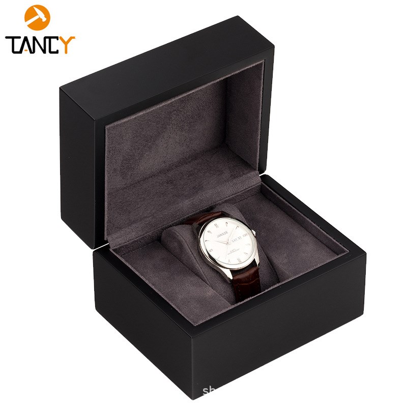 现货木质翻盖手表盒哑光t黑色高档手表盒子绒布内饰包装盒首饰盒