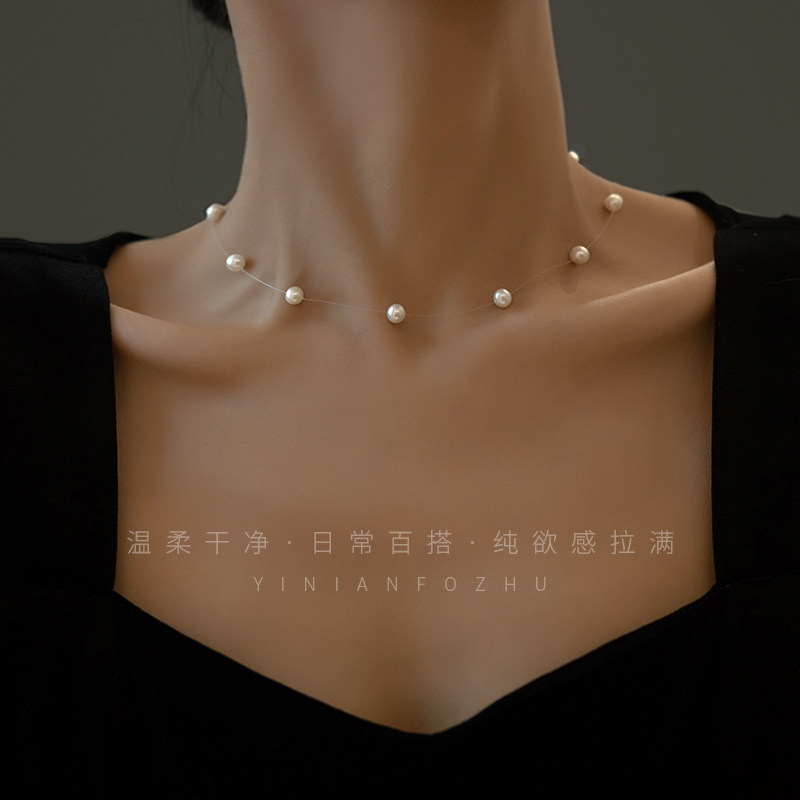 工厂销天然珍珠鱼线项链女短款chockerL轻奢小众设计感气质颈链秋