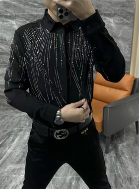 22758秋冬新款欧货男士内搭翻领烫钻长袖衬衫修身百搭商务休闲男