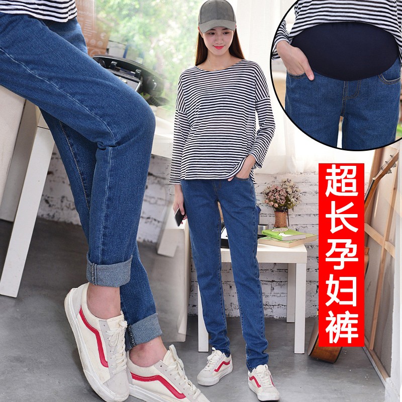 高个子孕妇牛仔裤老爹裤高个子大码200斤加绒弹S力托腹直筒裤加长