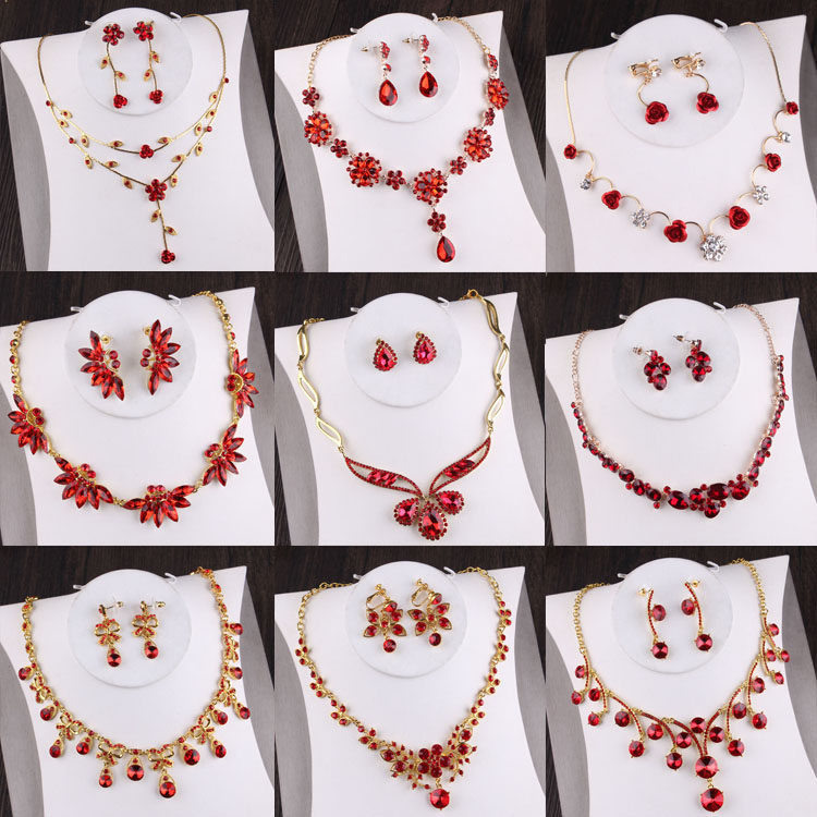 新款热卖新娘饰品结婚o套链婚纱配饰结婚水钻新娘红色项链耳环韩