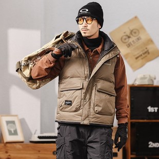 羽绒服马甲保暖机能连帽背心外套面包服男士 2024冬季 工装 美式 新款