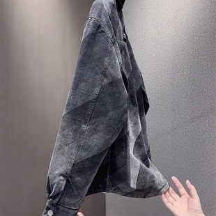 衬衫 春秋季 休闲外套宽松百搭渐变牛仔水洗工装 潮流男士 夹克男 新款