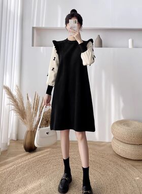 哺乳洋装秋冬外出辣妈款针织假两件毛衣裙宽松显瘦哺乳衣服秋装