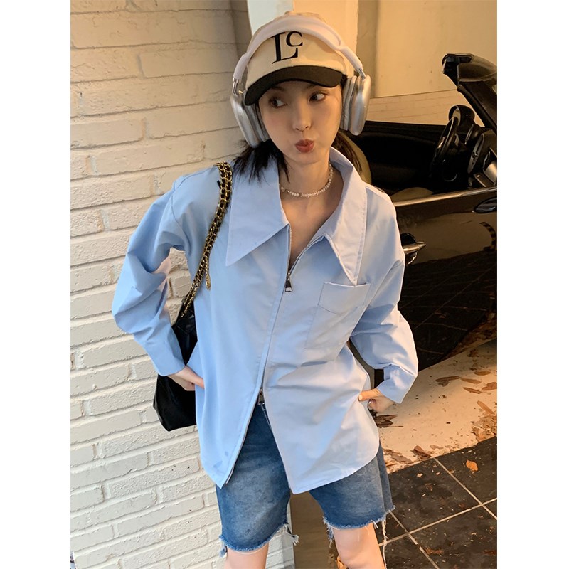 现货秋季新款女装法式拉链白色长袖衬衫女外套设计感气质衬衣宽松