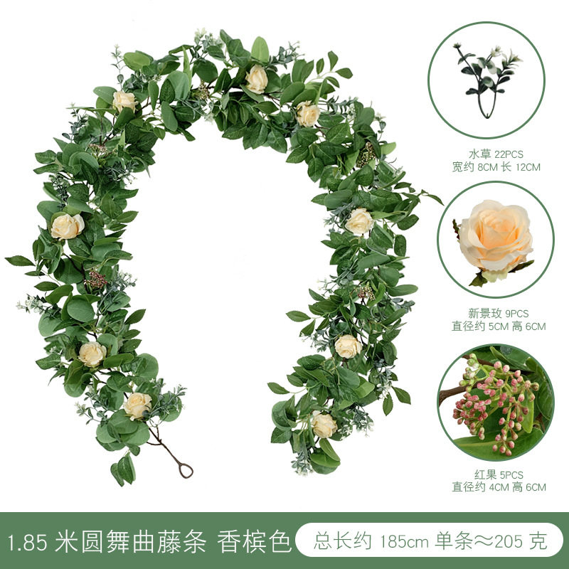 小众高货跨境绿植纯叶尤加利藤条 婚礼布置新景玫瑰假花仿真尤加