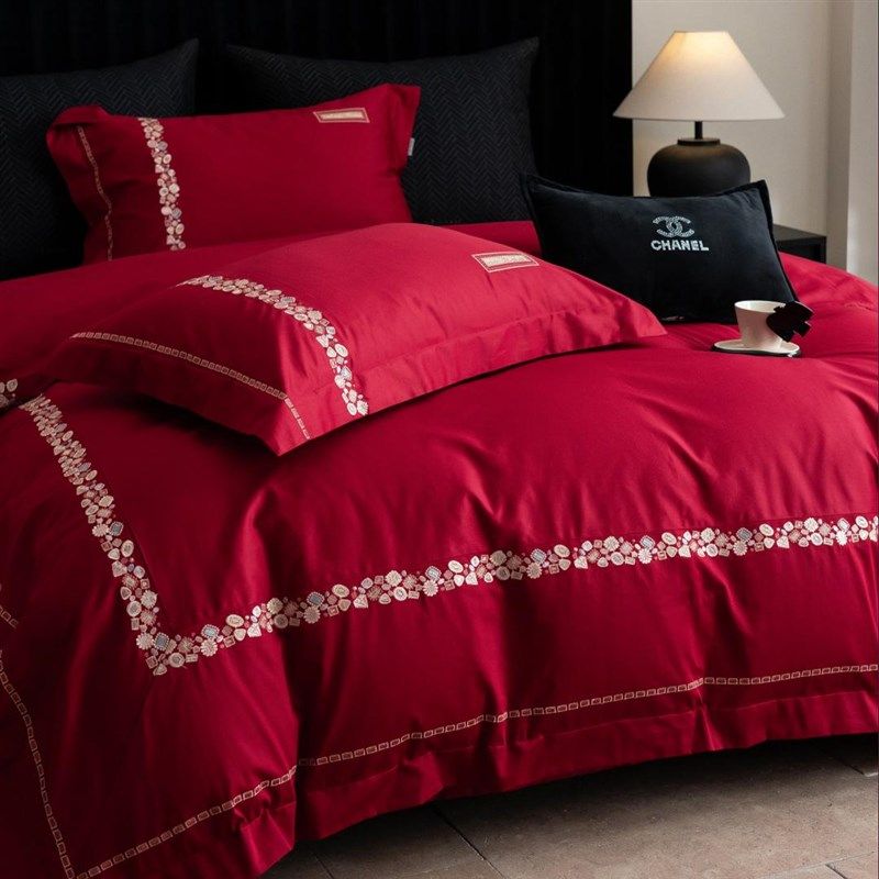 高级感简约100全棉婚庆四件套刺绣大红色结婚房被套床上用品4,床上用品,婚庆床品套件,淘宝优惠券,粉丝福利购,淘宝优惠卷