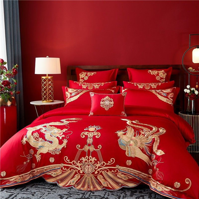 新中式国风刺绣婚庆全棉四件套结婚床上用品六/八/十件套大红刺绣,床上用品,婚庆床品套件,淘宝优惠券,粉丝福利购,淘宝优惠卷