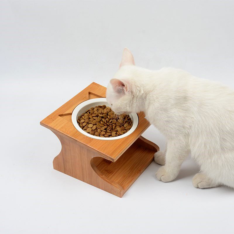 猫碗陶瓷双碗猫食盆斜面护颈不锈钢狗碗水碗实木碗架餐桌猫咪用品