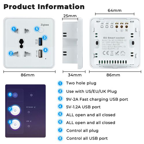 涂鸦智能Zigbee wifi墙壁插座UsFb快充电定时美英欧规万能插头开