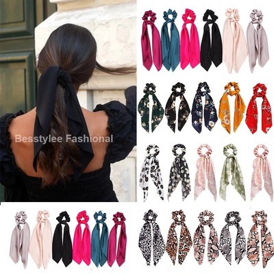 速发Flower Dots Silk Scarf Scrunchies Women  Long Ribbon Tas