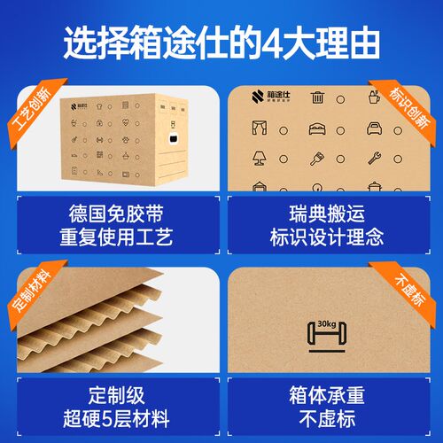 箱途仕5层加厚特硬免胶带重复使用带标识扣手德国搬家收纳纸箱子