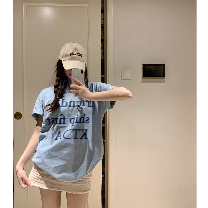 韩国字母印花短袖T恤女2024夏季新款宽松oversize中长款百搭上衣