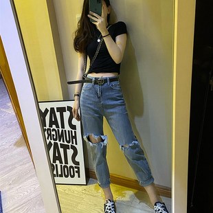 九分老爹裤 高腰萝卜裤 子 女直筒宽松显瘦百搭哈伦裤 2021破洞牛仔裤