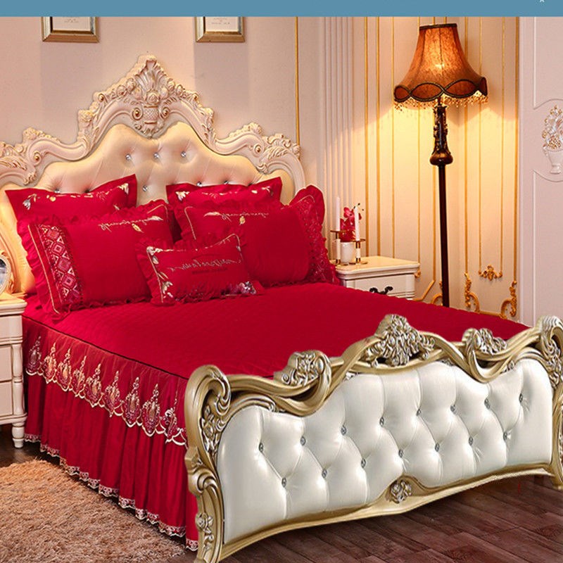 NN0I欧式f无尾床裙单件夹棉床罩蕾丝床套有床尾灰色豆沙色绿色米