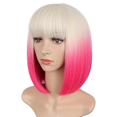 极速CHRSHN Pink Bob Wigs with Bangs Short Shoulder length Bl