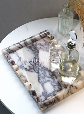 轻奢天然紫色大理石家居托盘茶几茶盘香薰摆件托盘咖啡店桌面装饰