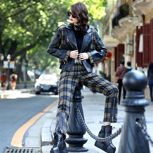 秋冬新品 时尚 毛呢料格子裤 女皮拼接毛呢外套街头欧货哈伦裤 潮 套装