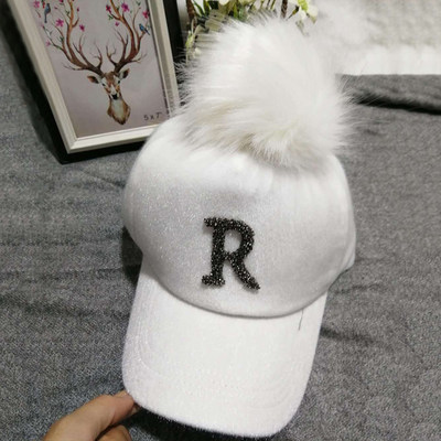 热销Cute Fur Pompom Winter Caps Rhinestone Letter Women Base