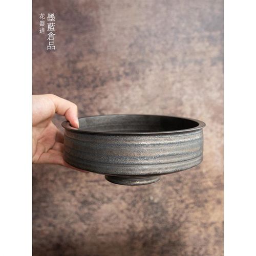 鎏金高脚碗型花器中式日式茶空间茶席桌面插花器皿 民宿客厅摆件