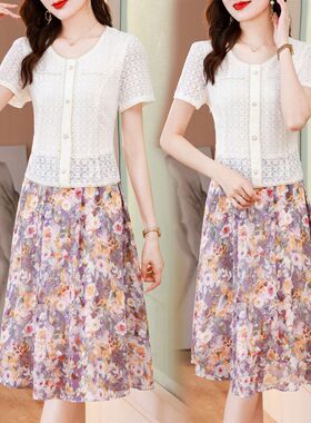 2024夏季中年女妈妈装修身碎花裙子中长款蕾丝连衣裙30到40至50岁