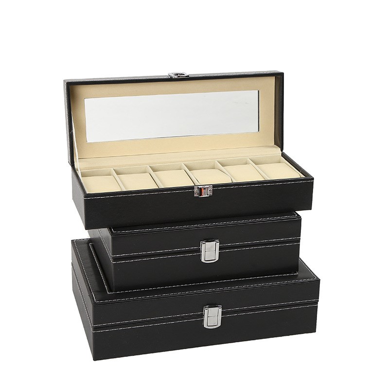 pu皮质a黑色平纹多位手表盒木质首饰收纳包装盒开窗玻璃展示盒