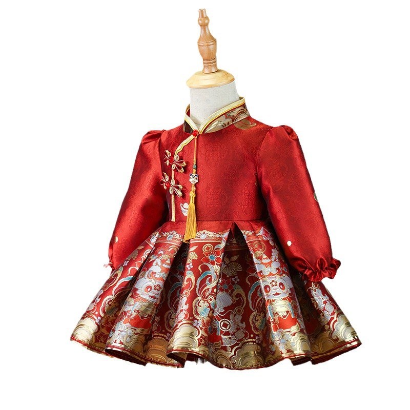 周岁礼服女宝宝2024秋冬中国风婴儿生日唐装冠衣儿童抓周连衣裙