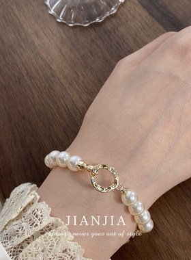 复古法式中古老钱风正圆珍珠项链环环相扣小众金属拼接锁骨链手链