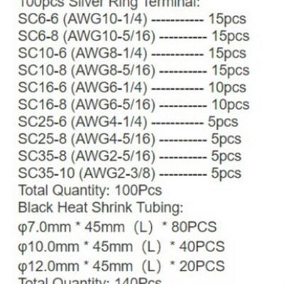 跨境窥口铜管端子SC接线端子100PCS+140PCSO铜鼻子热缩管240pcs