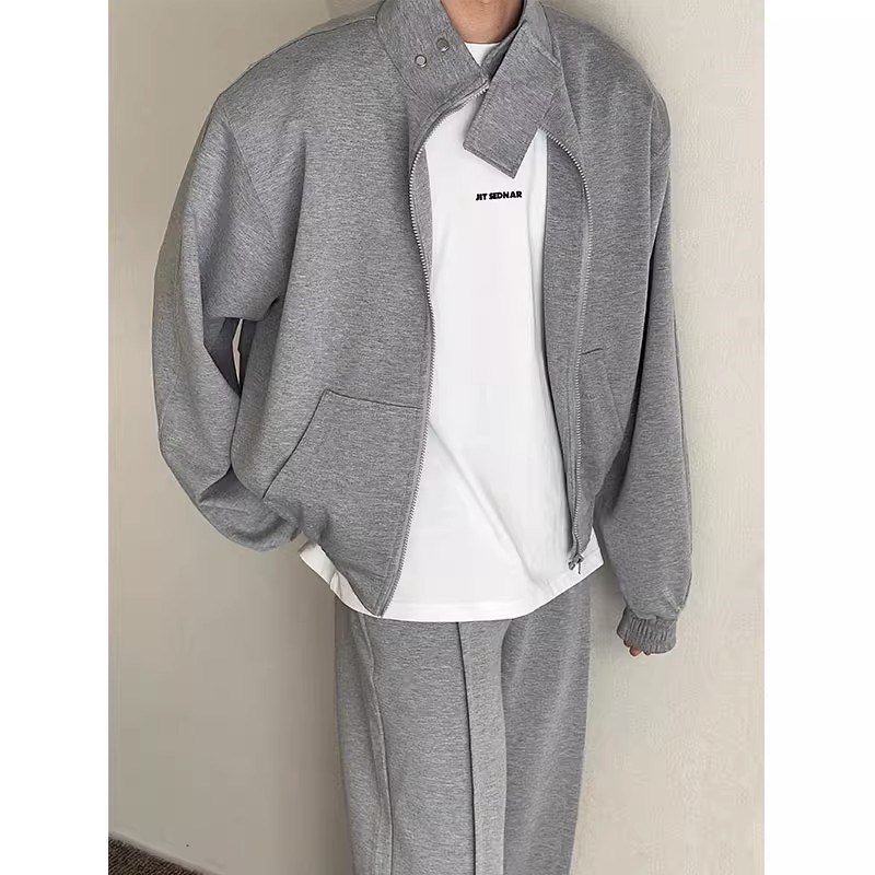 韩版休闲宽松垫肩立领o卫衣套装男2023年秋季运动两件套潮男生纯
