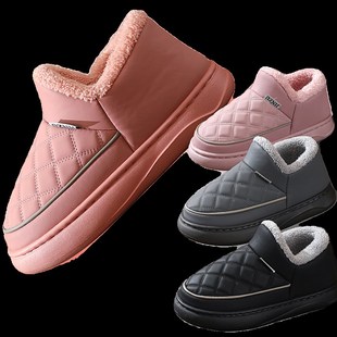 冬季棉拖鞋女士男款包跟外穿厚底防水皮面高帮带后跟加绒老人棉鞋