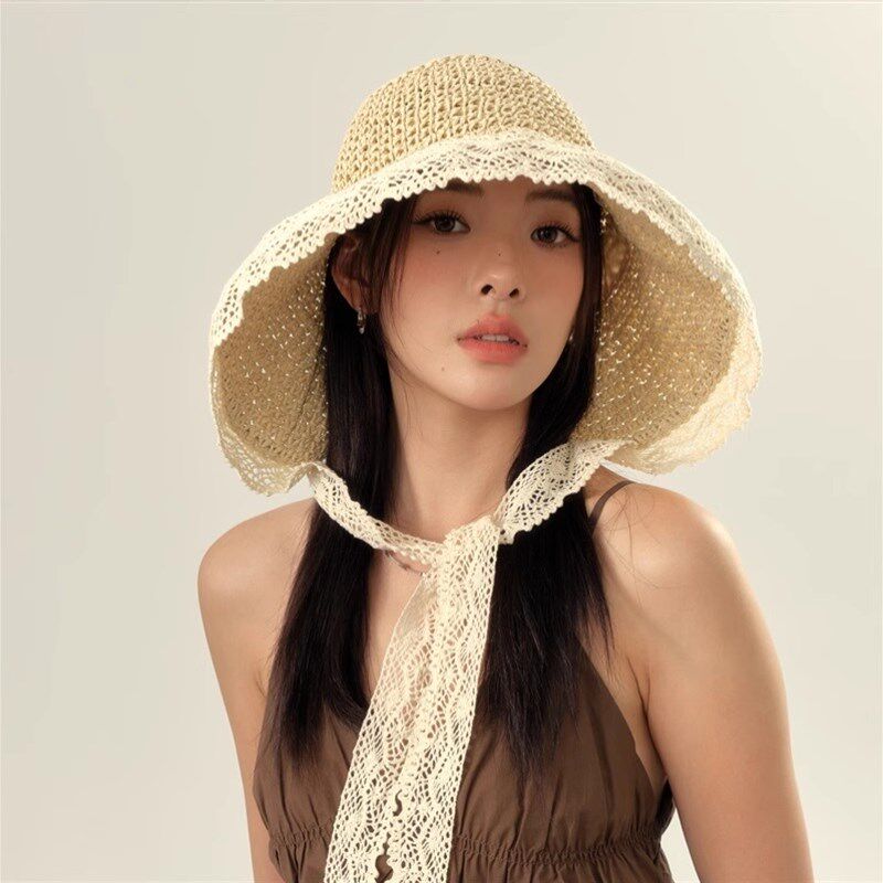 秃头少女~大帽檐飘带蕾丝边太阳帽女夏季户外海边可折叠草帽