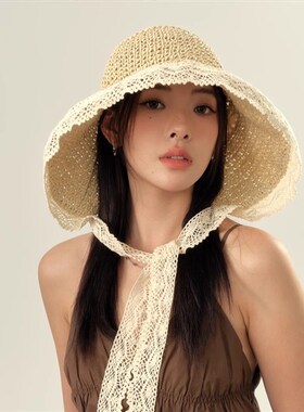 秃头少女~大帽檐飘带蕾丝边太阳帽女夏季户外海边可折叠草帽