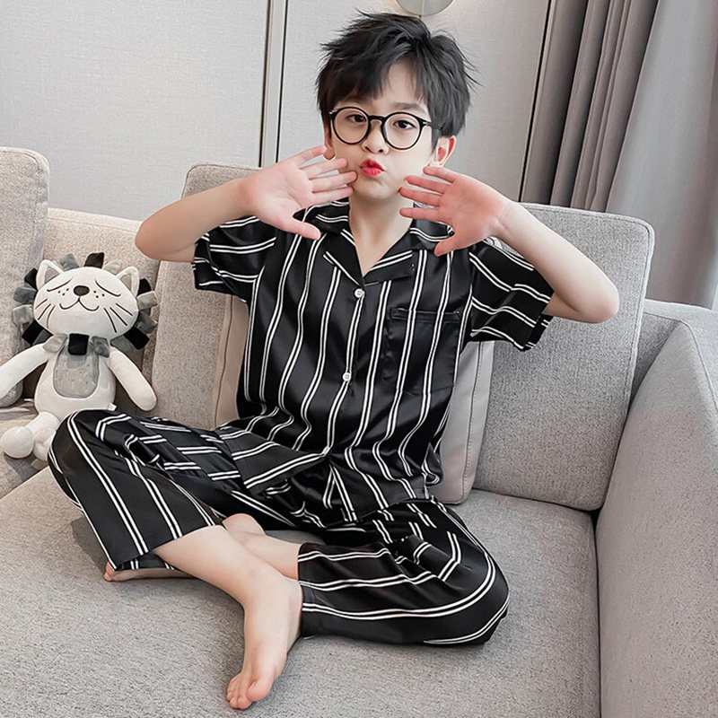 男童睡衣夏季薄款冰丝儿童家居服套装春秋小男孩长袖空调服黑白条