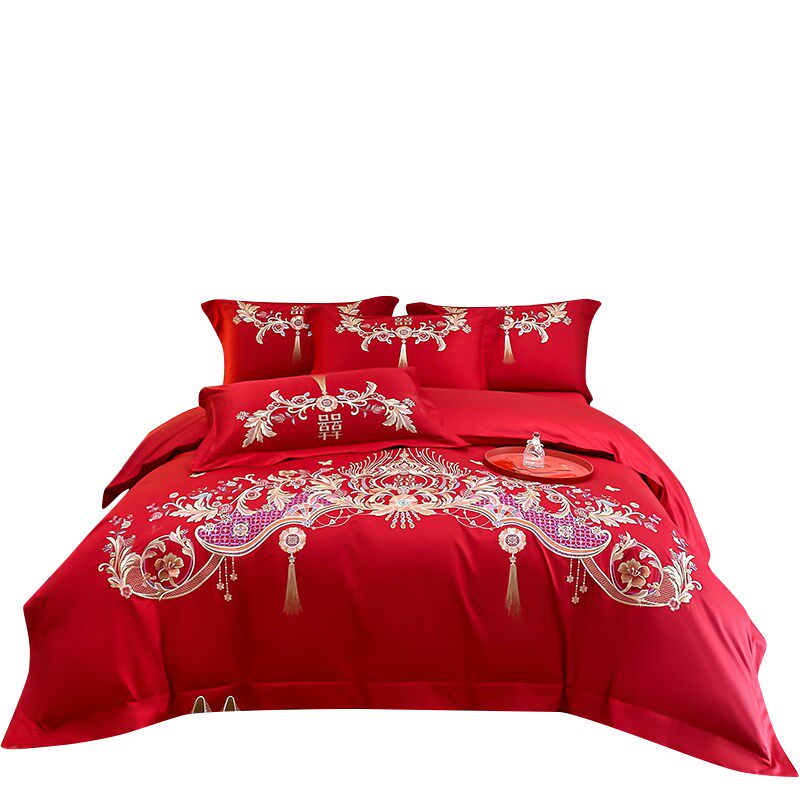 结婚喜庆全棉磨毛四件套红色刺绣婚庆婚礼被套床单床上用品4,床上用品,婚庆床品套件,淘宝优惠券,粉丝福利购,淘宝优惠卷