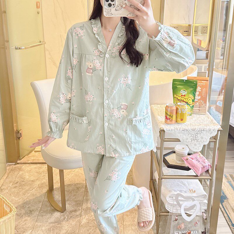 睡衣女春秋棉布长袖全棉家居服夏薄款妈妈大码套装小个子可爱