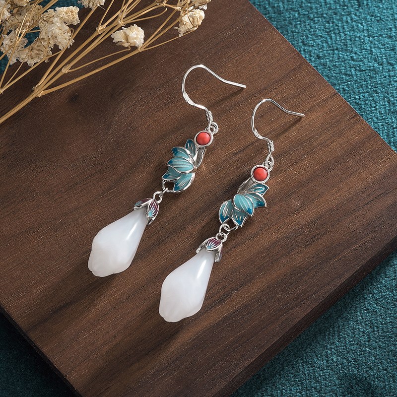 中国风古风汉服耳饰l925银针冷珐琅工艺镶嵌玉兰花仿玉耳环耳钩女