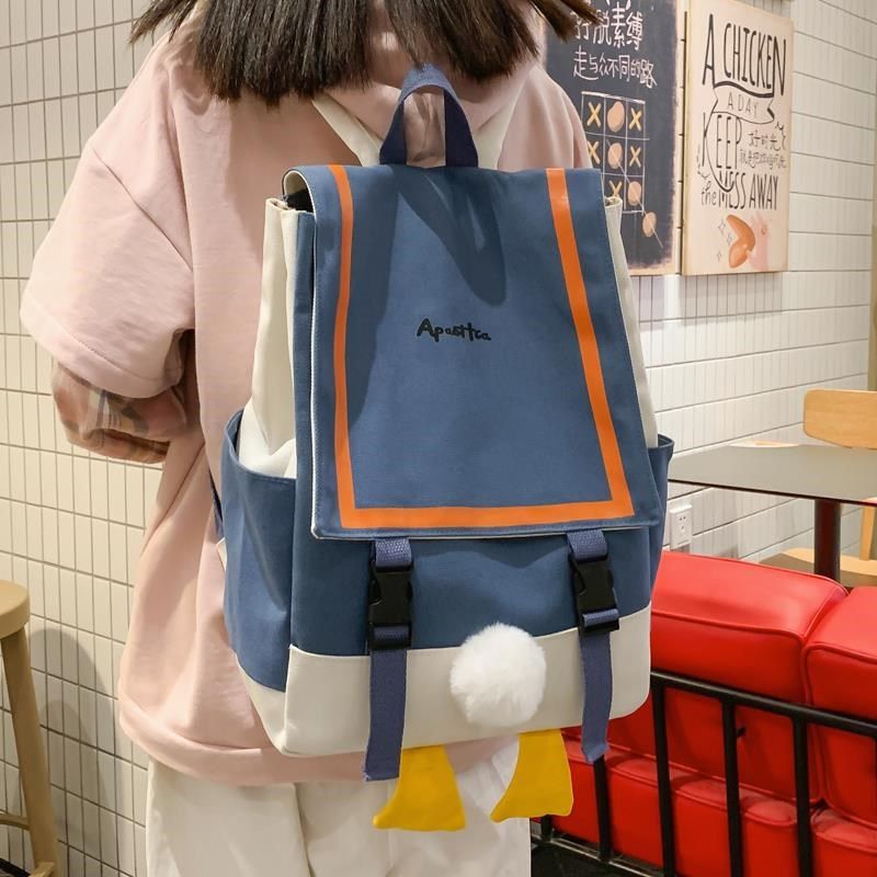 可爱鸭子书包女韩版日系卡通帆布双肩包新款潮小学生背包女大学生