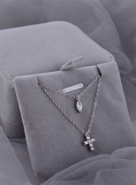 925纯银超细迷你双层十字架水滴形闪钻ins风高级轻奢项链女锁骨链