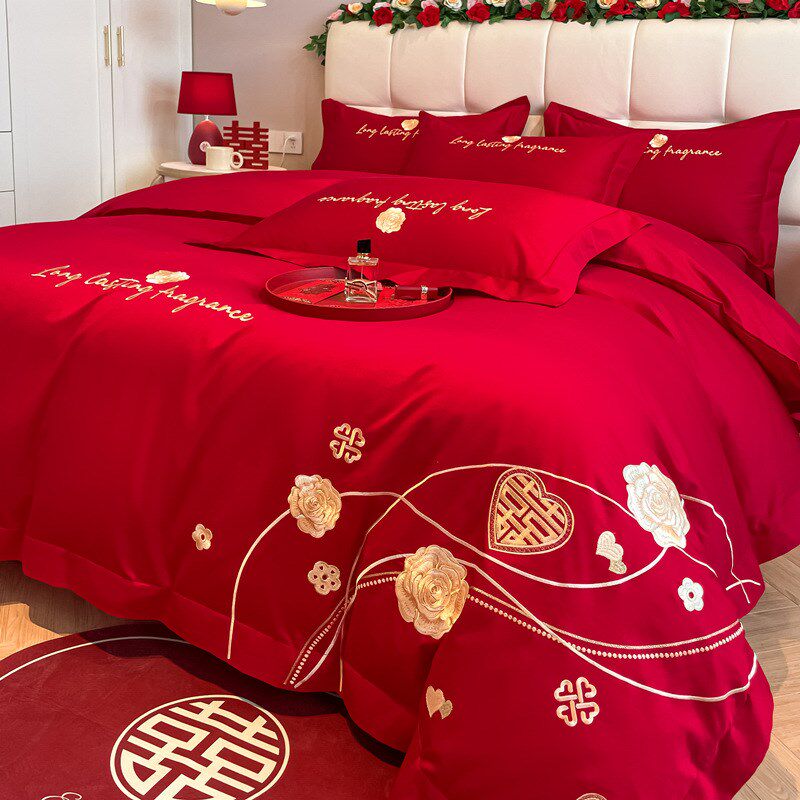 高级感中式全棉新婚庆四件套大红色喜被床单被套结婚床上用品,床上用品,婚庆床品套件,淘宝优惠券,粉丝福利购,淘宝优惠卷