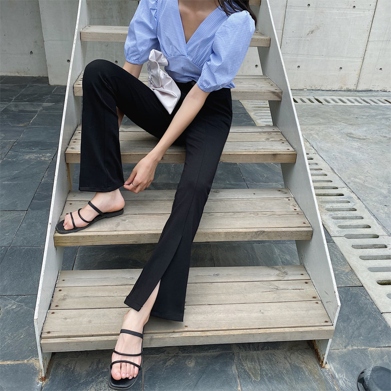 开叉微喇叭长裤子女薄款2022阔腿直筒高腰小个子黑色西装休闲春夏