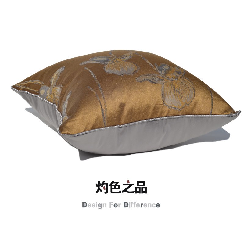 棕黄绸缎提花方枕现代简约中式靠枕样板间沙发客厅靠背靠垫抱枕套