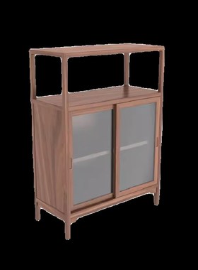 玻璃门置物架边柜新中式北美黑胡桃木实木餐边柜餐厅茶室收纳储物